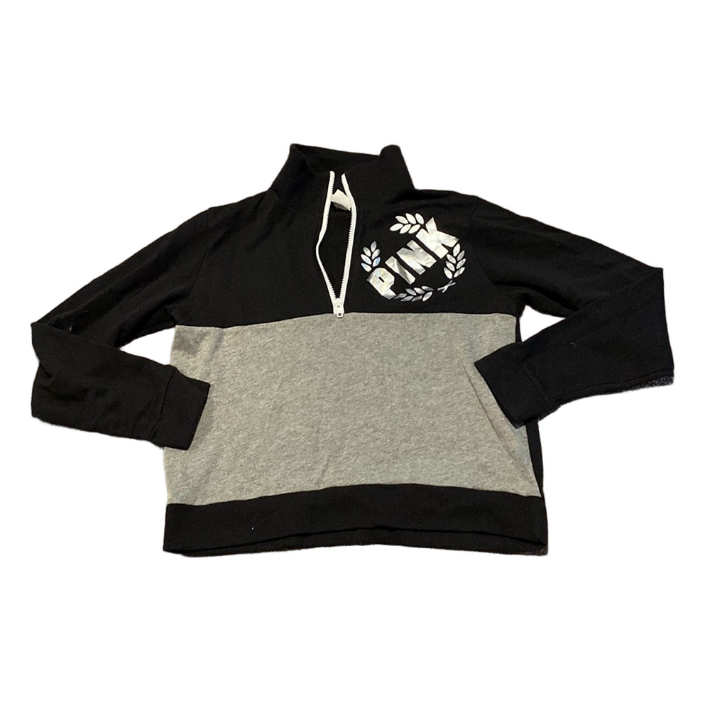 PINK Victoria’s Secret Half Zip Pullover Black Gray Logo Sweatshirt SIZE S